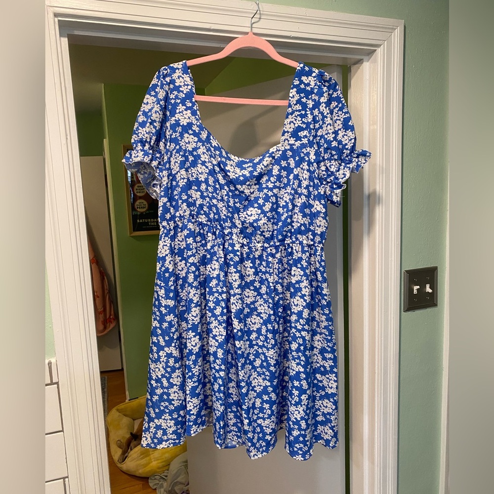 Blue and white floral print dress